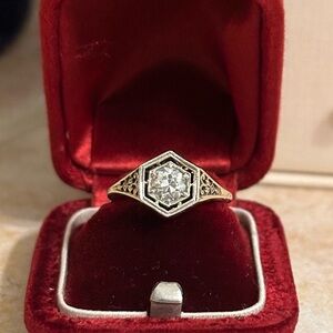 Art Deco 0.5ct OEC Diamond 14K Gold Hexagonal Ring 6.5 Antique J. R. Wood & Sons